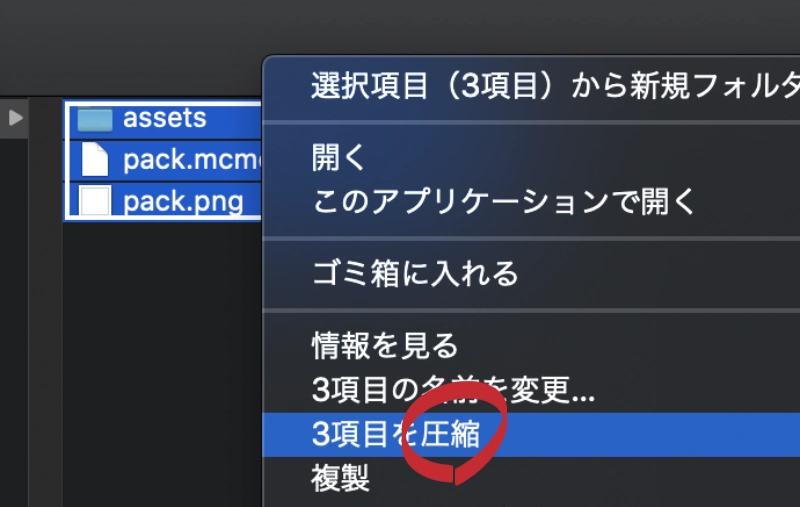 3項目をzip圧縮する